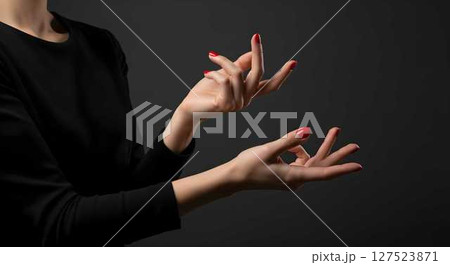 Woman hand with red manicure. Elegant female care concept. Beauty salon treatment and fashion design. Cosmetic product advertisement. 127523871