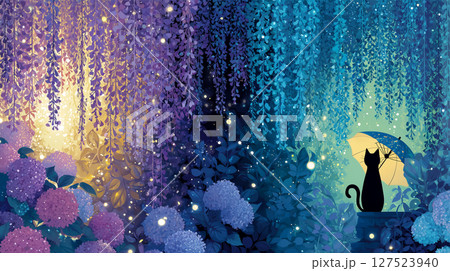 夜空に輝く藤の花と傘をさす猫 夜空に輝く藤の花と傘をさす猫 127523940