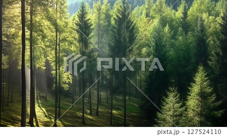 Sun-dappled forest with light rays through vibrant spring foliage 127524110