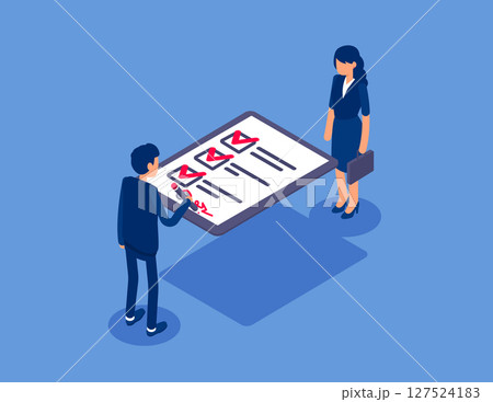 Two business person signing documents. Flat isometric vector concept Two business person signing documents. Flat isometric vector concept 127524183