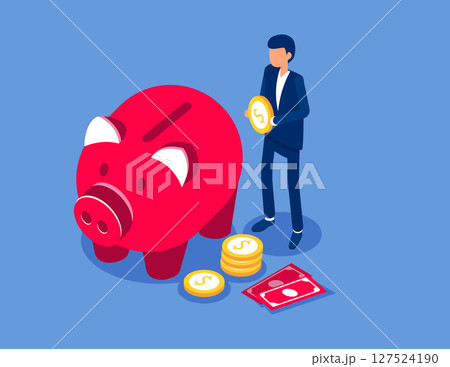 Money saving concept with character. Flat isometric vector concept Money saving concept with character. Flat isometric vector concept 127524190