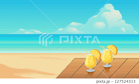 Tropical beach pixel art with two pineapple cocktails on a wooden deck. Bright sky, calm sea and summer vacation atmosphere. Vector illustration. Tropical beach pixel art with two pineapple cocktails on a wooden deck. Bright sky, calm sea and summer vacation atmosphere. Vector illustration. 127524313