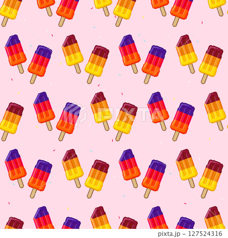 Seamless vector pixel art pattern featuring colorful layered fruit ice lolly on a pink background with sprinkles. Fun and playful summer design with bright retro vibes. 127524316