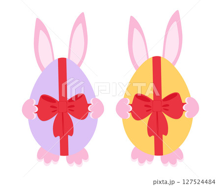 Hand drawn Easter Bunny hiding Colorful Easter egg with tied ribbon bow Easter Greeting design Set 127524484