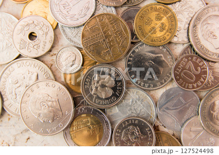 Old golden and silber coins. Money from France, Poland, Italy, England, Peru, Austria, Czech Republic, China, Croatia, Denmark, Netherlands. Various coins for business. Financial concept. Old golden and silber coins. Money from France, Poland, Italy, England, Peru, Austria, Czech Republic, China, Croatia, Denmark, Netherlands. Various coins for business. Financial concept. 127524498