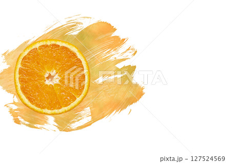 Bright orange slice on a background of orange paint. 127524569