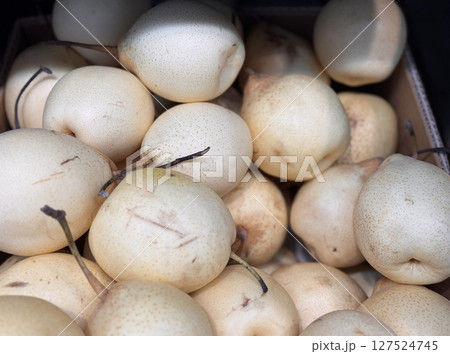 A bountiful collection of fresh, ripe white pear beautifully nestled in a charming basket, perfect for healthy eating. Close-up. A bountiful collection of fresh, ripe white pear beautifully nestled in a charming basket, perfect for healthy eating. Close-up. 127524745