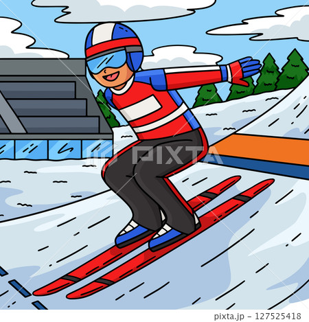 Male Ski Jumper Reaching Outrun Colored Cartoon  127525418