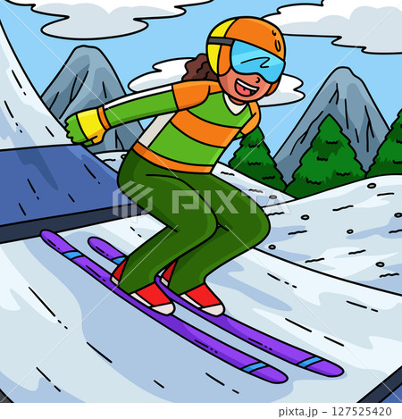 Female Ski Jumper Reaching Out to Run Colored  Female Ski Jumper Reaching Out to Run Colored  127525420