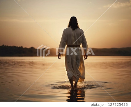 A figure dressed in flowing robes walks gracefully across the water, leaving gentle ripples behind Generative AI 127525436