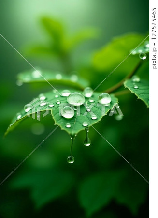 Fresh droplets of water cling to rich green leaves, creating a sparkling effect under soft morning light in a serene forest environment, evoking a sense of calm Generative AI 127525465