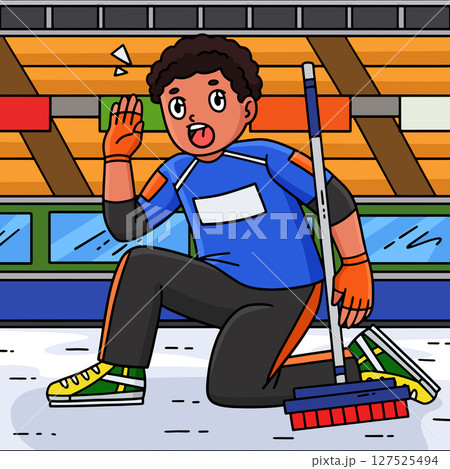 Curling Male Skip Shouting Colored Cartoon  127525494