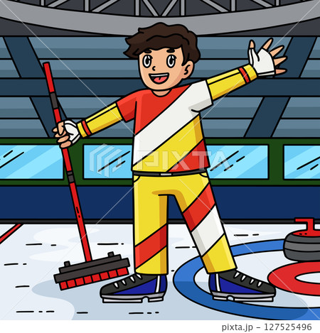 Curling Male Athlete with Broom Colored Cartoon  127525496
