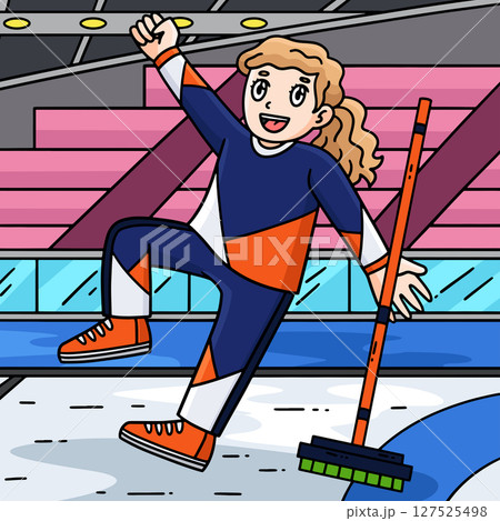 Curling Female Raising Hand in Victory Colored Curling Female Raising Hand in Victory Colored 127525498