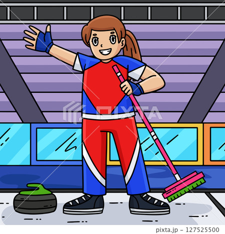 Curling Female Curler Holding Broom Colored  127525500
