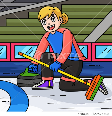 Curling Female Curler Delivering a Stone Colored  127525508