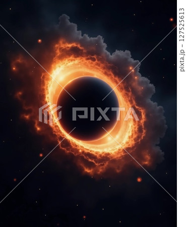 A magnificent display of cosmic wonder unfolds as a dark sphere is encircled by swirling flames and vibrant gases, illuminating the dark void of space in stunning detail Generative AI 127525613