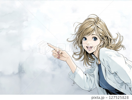 ホワイトボードを指さす笑顔のビジネスウーマンのイラスト素材 127525828