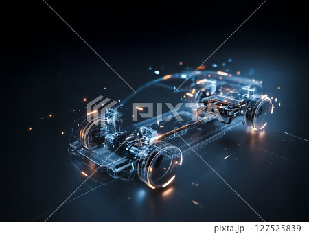 EV自動車の主要パーツと配線のワイヤーフレームのスケルトンCG画像 EV自動車の主要パーツと配線のワイヤーフレームのスケルトンCG画像 127525839