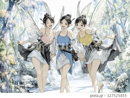 花畑を散歩する笑顔のピクシー妖精三姉妹のイラスト素材 127525855