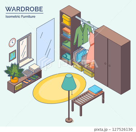 Cartoon Color Wardrobe Room with Clothes Furniture Setting Concept 3d Isometric View Line Elements. Vector illustration 127526130