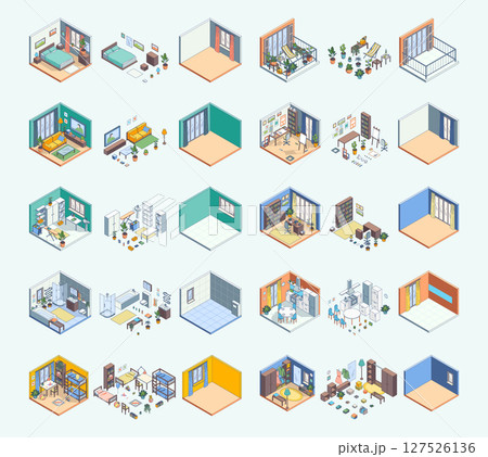 Cartoon Color Different Room Wardrobe, Bedroom, Bathroom and terrace Interior and Furniture Concept Set 3d Isometric View Line Elements. Vector illustration Cartoon Color Different Room Wardrobe, Bedroom, Bathroom and terrace Interior and Furniture Concept Set 3d Isometric View Line Elements. Vector illustration 127526136
