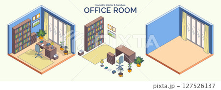 Cartoon Color Office Room Interior and Furniture Concept 3d Isometric View Line Elements. Vector illustration of Cabinet Cartoon Color Office Room Interior and Furniture Concept 3d Isometric View Line Elements. Vector illustration of Cabinet 127526137