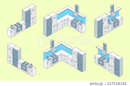 Cartoon Color Kitchen Furniture Different Complete Set Concept 3d Isometric View Line Elements. Vector illustration 127526192