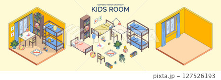 Cartoon Color Kid Room Interior and Furniture Concept with Bookshelves, Table and Bed 3d Isometric View Line Elements. Vector illustration 127526193