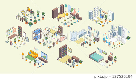 Cartoon Color Furniture Complete Set for Different Room Concept 3d Isometric View Line Elements. Vector illustration 127526194