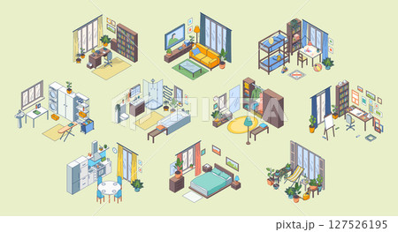 Cartoon Color Furniture Setting for Different Room Wardrobe, Bedroom, Bathroom, Kitchen and Terrace Concept 3d Isometric View Line Elements. Vector illustration Cartoon Color Furniture Setting for Different Room Wardrobe, Bedroom, Bathroom, Kitchen and Terrace Concept 3d Isometric View Line Elements. Vector illustration 127526195