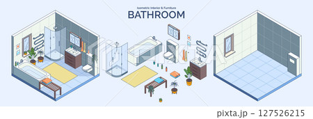 Cartoon Color Bathroom Room Interior and Furniture Concept 3d Isometric View Line Elements. Vector illustration of Bathtub, Sink and Toilet 127526215