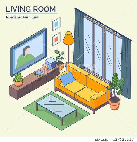 Cartoon Color Living Room Furniture Setting Concept 3d Isometric View Line Elements. Vector illustration of Tv and Sofa 127526219