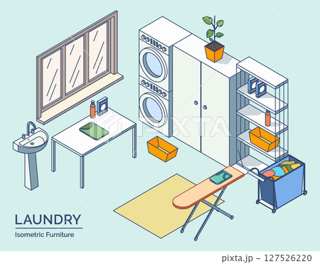Cartoon Color Laundry Room Furniture Setting Concept 3d Isometric View Line Elements. Vector illustration of Washing Machine 127526220