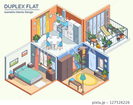 Cartoon Color Duplex Flat Interior Inside Concept Bedroom, Wardrobe, Terrace and Kitchen 3d Isometric View Line Elements. Vector illustration 127526226