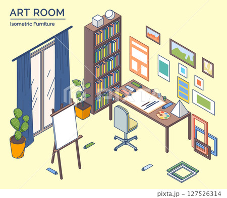 Cartoon Color Art Room Furniture Setting Concept 3d Isometric View Line Elements. Vector illustration of Creative Workshop with Paints, Brushes and Easel Cartoon Color Art Room Furniture Setting Concept 3d Isometric View Line Elements. Vector illustration of Creative Workshop with Paints, Brushes and Easel 127526314