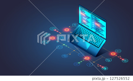 Software, web development, programming concept. Abstract Programming language and program code on screen laptop. Laptop and icons of programming process. Technology process of Software development. 127526552