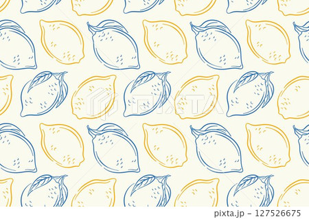 Seamless lemon pattern with whole lemon fruit and leaf on a white background in line art style. Perfect for summer design, kitchen wallpaper, packaging or fresh healthy fruit project. 127526675