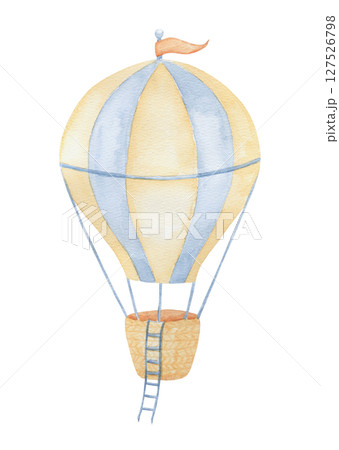 Watercolor hot air balloon with flag and ladder. Hand drawn isolated illustration for children. Cute vintage drawing 127526798