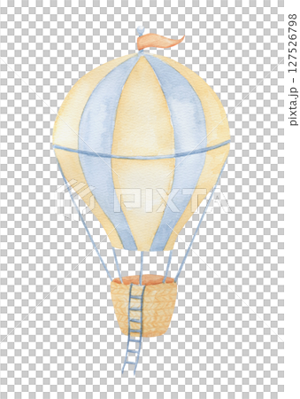Watercolor hot air balloon with flag and ladder. Hand drawn isolated illustration for children. Cute vintage drawing 127526798
