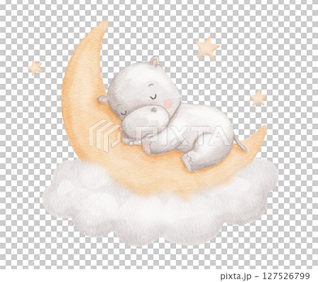 Watercolor cute hippo sleeping on moon in cloud with stars, watercolor hand drawn illustration for kids, painted drawing with isolated background 127526799