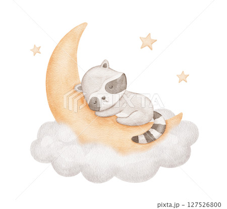 Watercolor cute raccoon sleeping on moon in cloud with stars, watercolor hand drawn illustration for kids 127526800