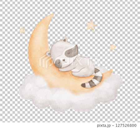 Watercolor cute raccoon sleeping on moon in cloud with stars, watercolor hand drawn illustration for kids 127526800