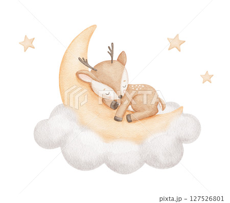 Watercolor cute deer sleeping on moon in cloud with stars, watercolor hand drawn illustration for kids, painted drawing with isolated background 127526801