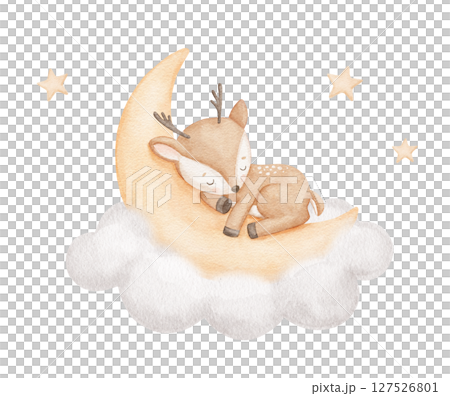 Watercolor cute deer sleeping on moon in cloud with stars, watercolor hand drawn illustration for kids, painted drawing with isolated background 127526801