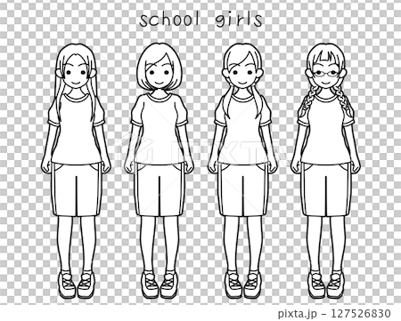四名身穿運動服的高中女生的線畫 四名身穿運動服的高中女生的線畫 127526830
