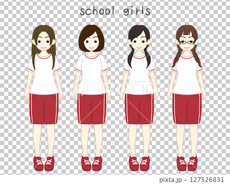 Four high school girls in gym clothes, color Four high school girls in gym clothes, color 127526831