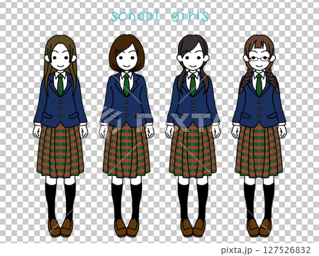 Four high school girls in blazer uniforms Four high school girls in blazer uniforms 127526832