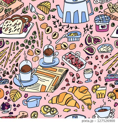 Pattern with french breakfast on soft pink background, buns, berries, coffee and appetizer in doodle Pattern with french breakfast on soft pink background, buns, berries, coffee and appetizer in doodle 127526900