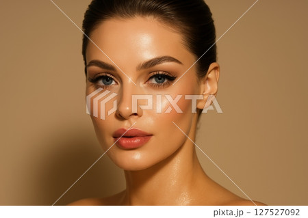 Beauty portrait of woman with glowing skin, eyeliner and nude lips looking at camera. Skincare and fashion makeup concept on beige background 127527092